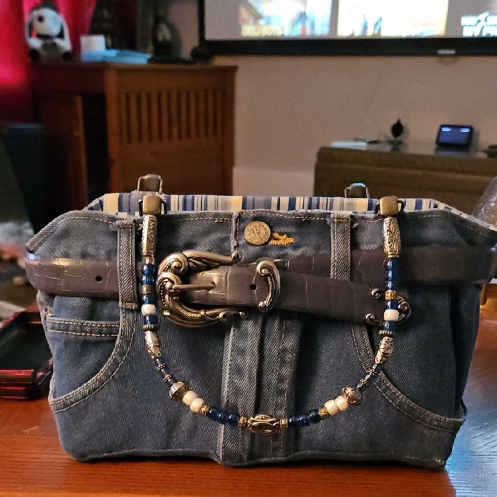 Denim Pocket Shoulder Bag with Beaded Handle - Blue